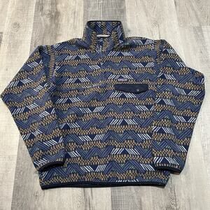Patagonia Blue Aztec Men’s Small Geometric Snap T Pullover Fleece Sweater Rare!!